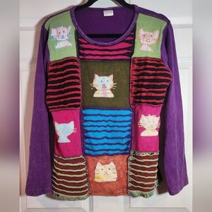 Greater Good Network Women L/XL T-Shirt Multicolor Cat Patchwork Long Sleeve Top